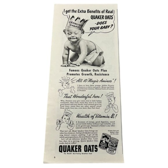 Vintage 1948 Print Ad Quaker Oats Crawling Baby Best Breakfast Food Original Ad - Picture 1 of 5